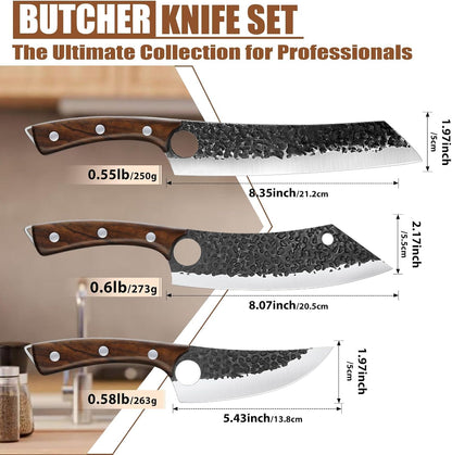 8 Pcs Japanese Chef Butcher Knife Set with Roll Bag | Hand Forged Meat Cleaver, Boning & Viking Knife with Tiger-Head Handle, Built for Kitchen & Camping BBQ, Gifts for Men
