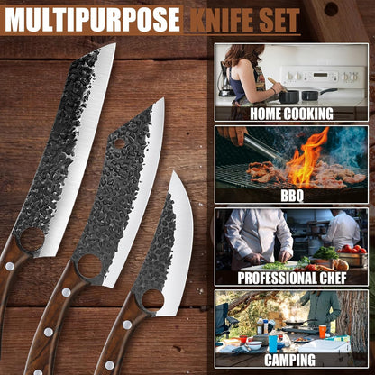8 Pcs Japanese Chef Butcher Knife Set with Roll Bag | Hand Forged Meat Cleaver, Boning & Viking Knife with Tiger-Head Handle, Built for Kitchen & Camping BBQ, Gifts for Men