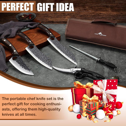 8 Pcs Japanese Chef Butcher Knife Set with Roll Bag | Hand Forged Meat Cleaver, Boning & Viking Knife with Tiger-Head Handle, Built for Kitchen & Camping BBQ, Gifts for Men