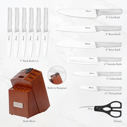 Kitchen Knife Set, 15PCS Knife Block Set with Built-in Sharpener | Japanese Stainless Steel Chef Knives Sets, Razor Sharp, Restaurant Grade, Anti-Rust, Dishwasher Safe, Elegant Box for Gift