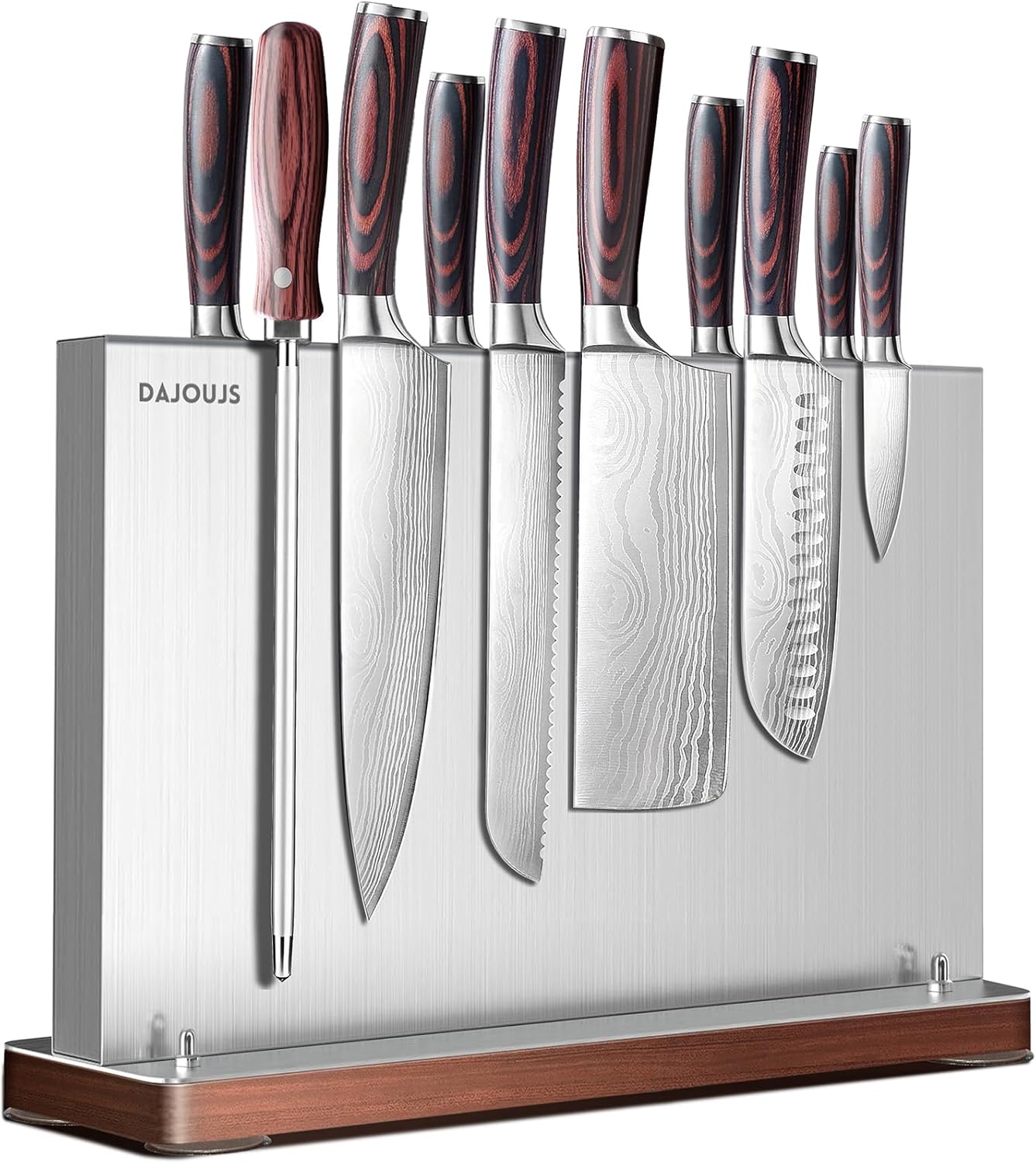 Magnetic Knife Holder, Stainless Steel Magnetic Knife Block without Knives, Strong Double Sided Magnet Knife Storage Strip with Wood Base for Kitchen Counter-Silver