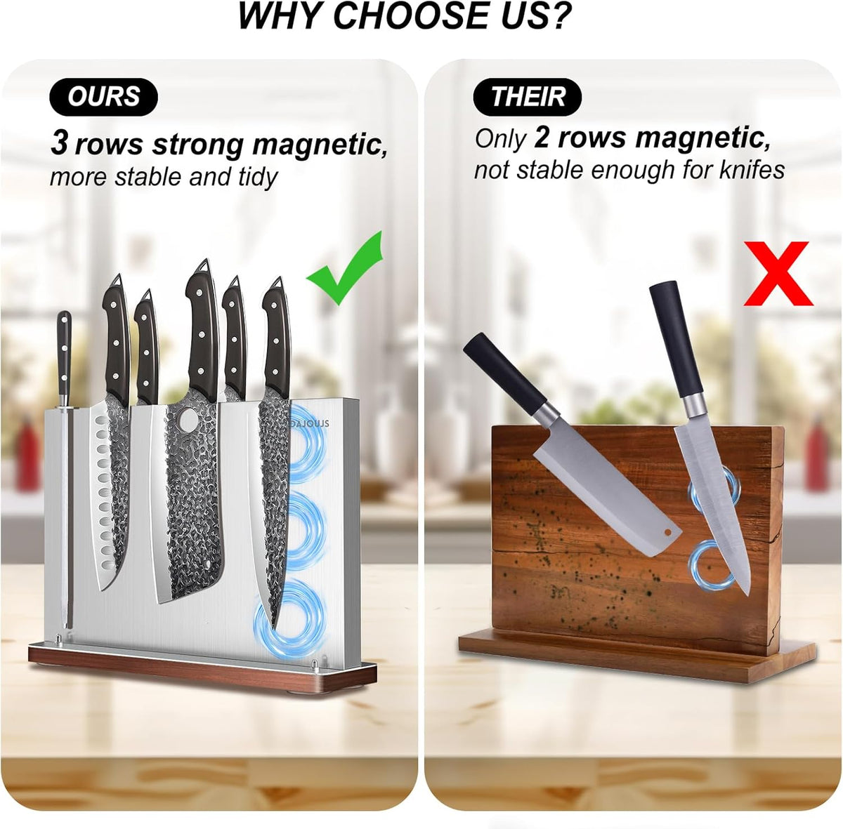 Magnetic Knife Holder, Stainless Steel Magnetic Knife Block without Knives, Strong Double Sided Magnet Knife Storage Strip with Wood Base for Kitchen Counter-Silver