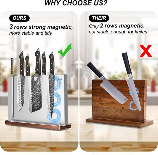 Magnetic Knife Holder, Stainless Steel Magnetic Knife Block without Knives, Strong Double Sided Magnet Knife Storage Strip with Wood Base for Kitchen Counter-Silver