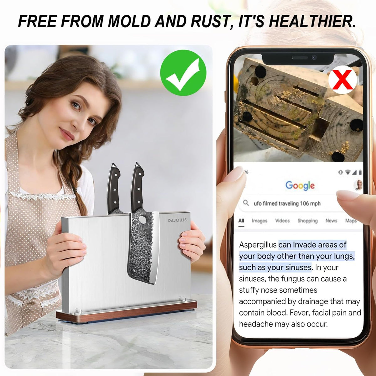 Magnetic Knife Holder, Stainless Steel Magnetic Knife Block without Knives, Strong Double Sided Magnet Knife Storage Strip with Wood Base for Kitchen Counter-Silver