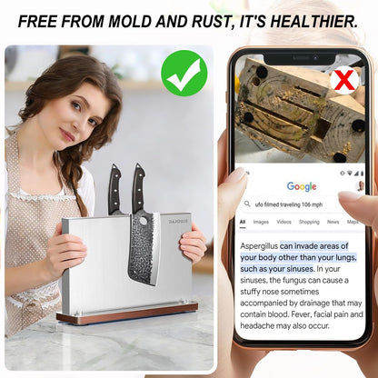 Magnetic Knife Holder, Stainless Steel Magnetic Knife Block without Knives, Strong Double Sided Magnet Knife Storage Strip with Wood Base for Kitchen Counter-Silver