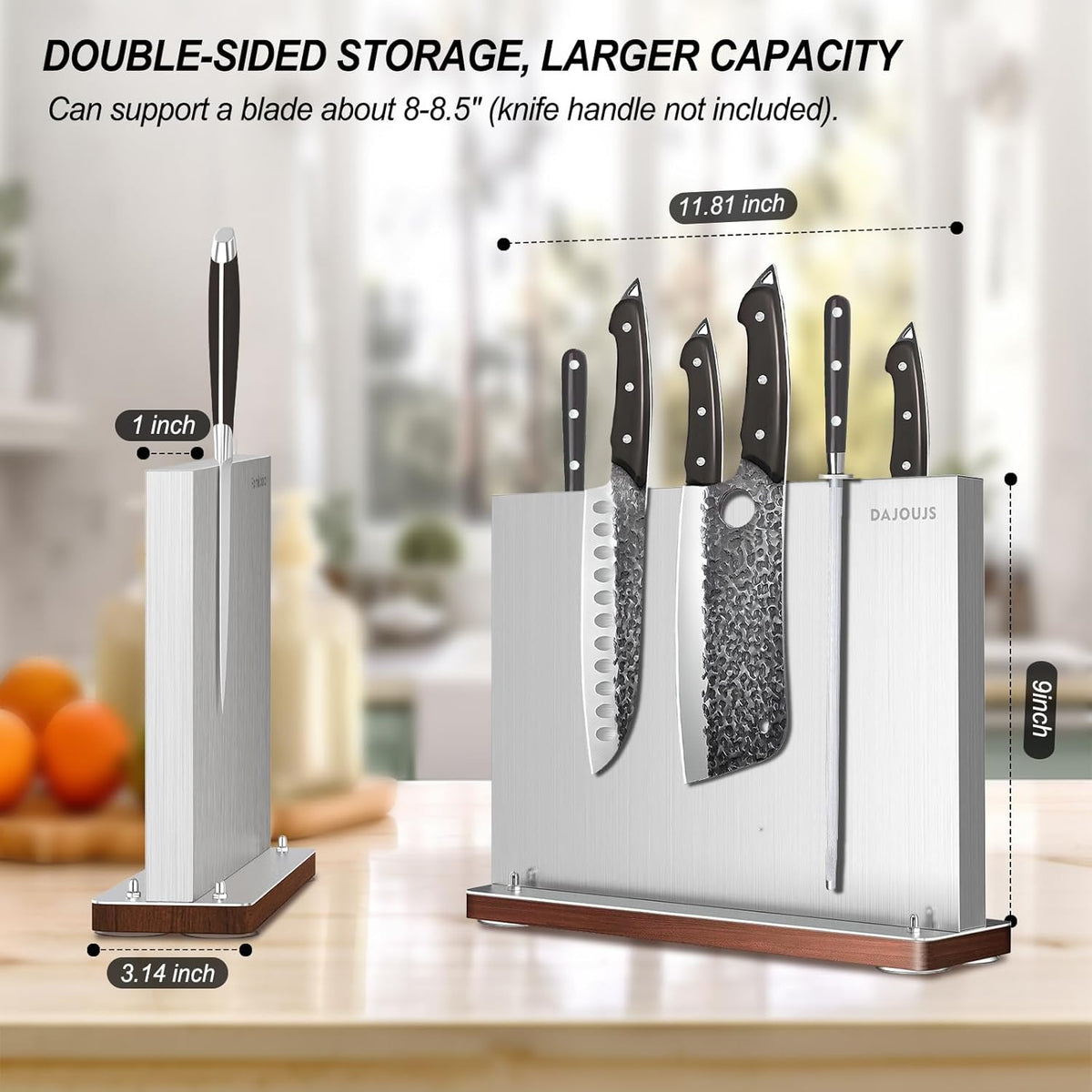 Magnetic Knife Holder, Stainless Steel Magnetic Knife Block without Knives, Strong Double Sided Magnet Knife Storage Strip with Wood Base for Kitchen Counter-Silver