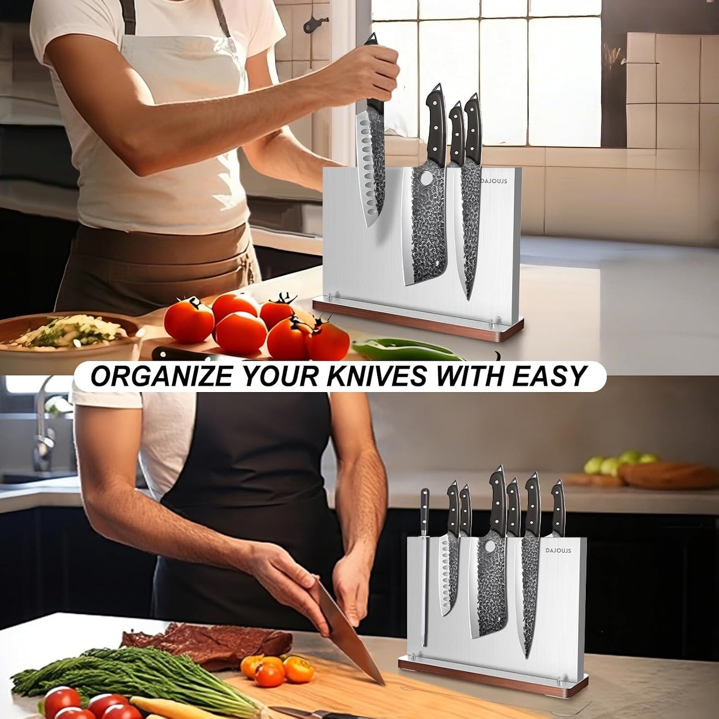 Magnetic Knife Holder, Stainless Steel Magnetic Knife Block without Knives, Strong Double Sided Magnet Knife Storage Strip with Wood Base for Kitchen Counter-Silver