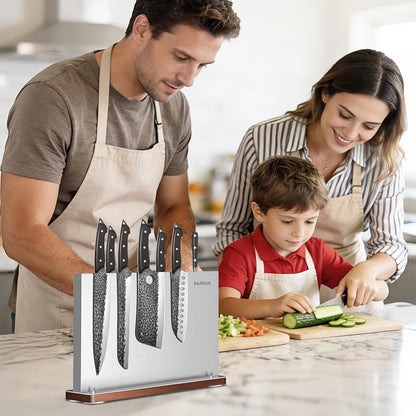 Magnetic Knife Holder, Stainless Steel Magnetic Knife Block without Knives, Strong Double Sided Magnet Knife Storage Strip with Wood Base for Kitchen Counter-Silver