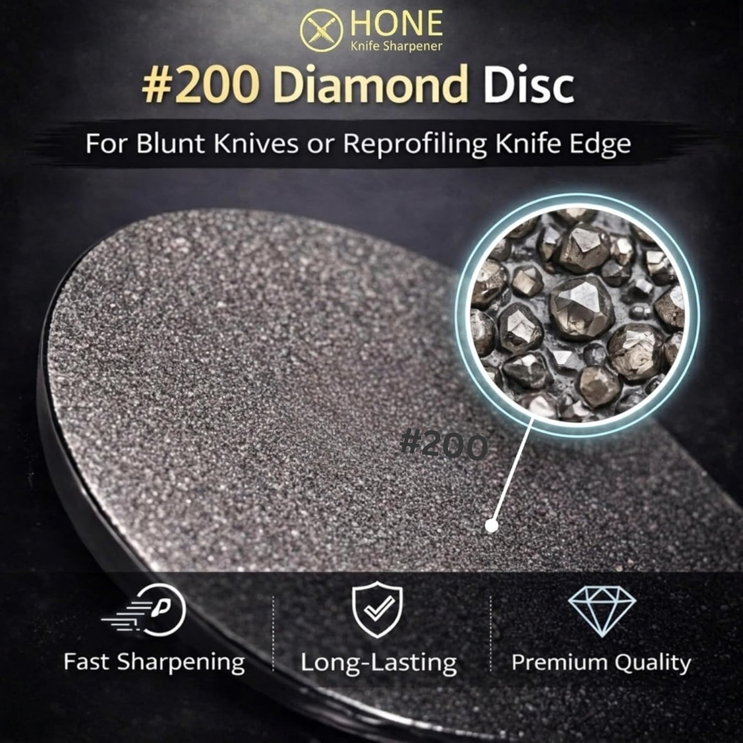 #𝟐𝟎𝟎 𝗗𝗶𝗮𝗺𝗼𝗻𝗱 𝗗𝗶𝘀𝗰 for 𝗛𝗢𝗡𝗘 𝗞𝗻𝗶𝗳𝗲 𝗦𝗵𝗮𝗿𝗽𝗲𝗻𝗲𝗿, Premium Coarse Re-Profiling Rolling Knife Sharpener Disc, Mono-Crystalline Electroplated for Dull Blades & Make a New Edge