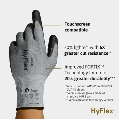 HyFlex 11-561 Ultra-Light Weight Cut-Resistant Gloves, LG, 12 Pairs | Blue, Size 9 (L), unisex, touchscreen, cut-resistant gloves with ANSI A3 protection, ideal for automotive & oil & gas