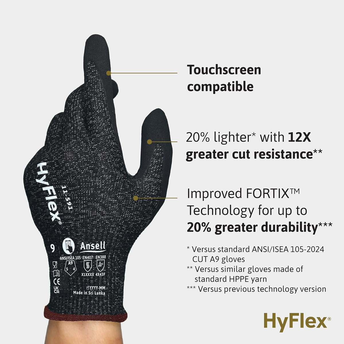 HyFlex 11-561 Ultra-Light Weight Cut-Resistant Gloves, LG, 12 Pairs | Blue, Size 9 (L), unisex, touchscreen, cut-resistant gloves with ANSI A3 protection, ideal for automotive & oil & gas