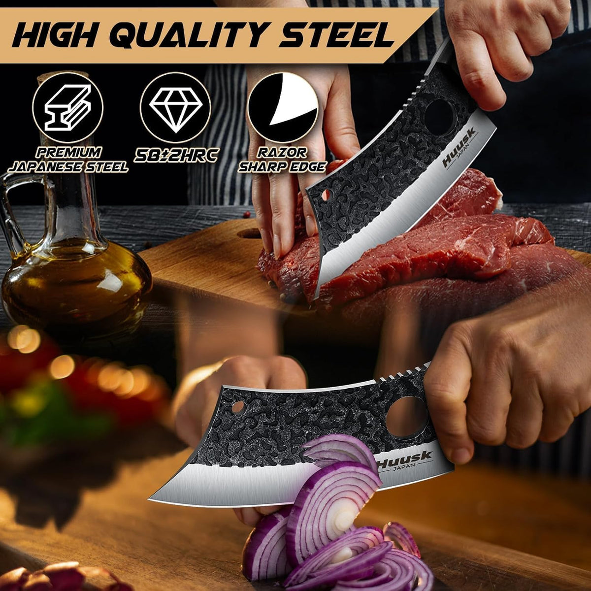 Huusk Butcher Knife for Meat Cutting - Heavy Duty with Sheath