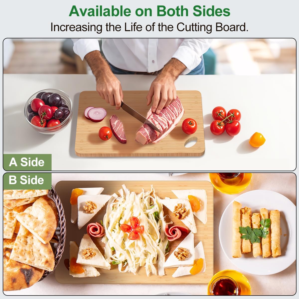 Wooden Cutting Boards for Kitchen, 15.3 * 8.7'' Knife Friendly Bamboo Cutting Board Lightweight & Durable Chopping Board with Hang Hole for Easy Storage & Clean, Large