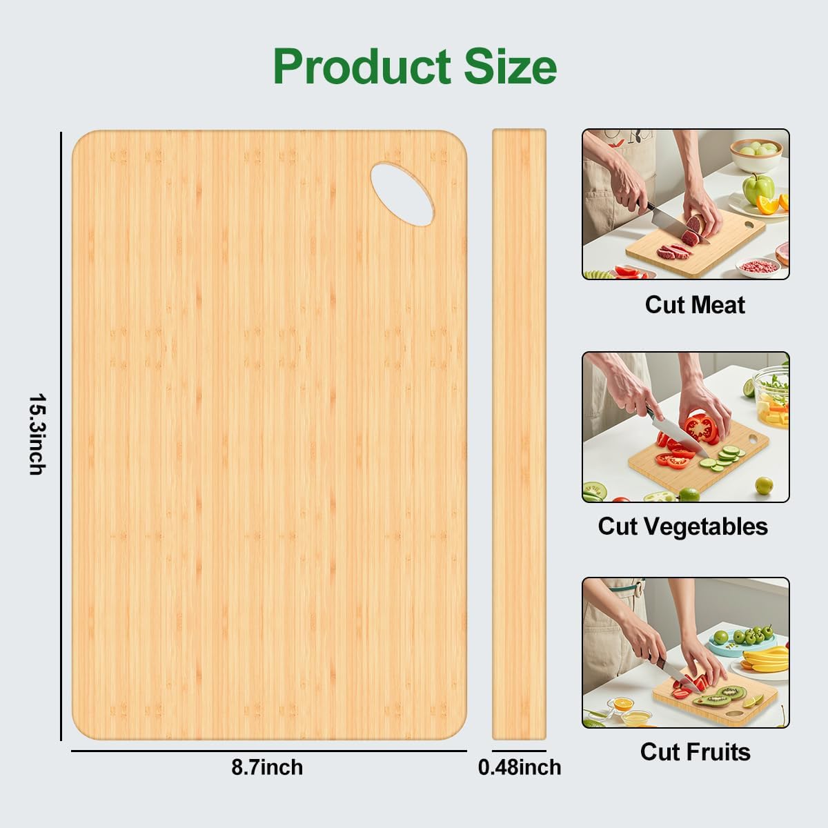 Wooden Cutting Boards for Kitchen, 15.3 * 8.7'' Knife Friendly Bamboo Cutting Board Lightweight & Durable Chopping Board with Hang Hole for Easy Storage & Clean, Large