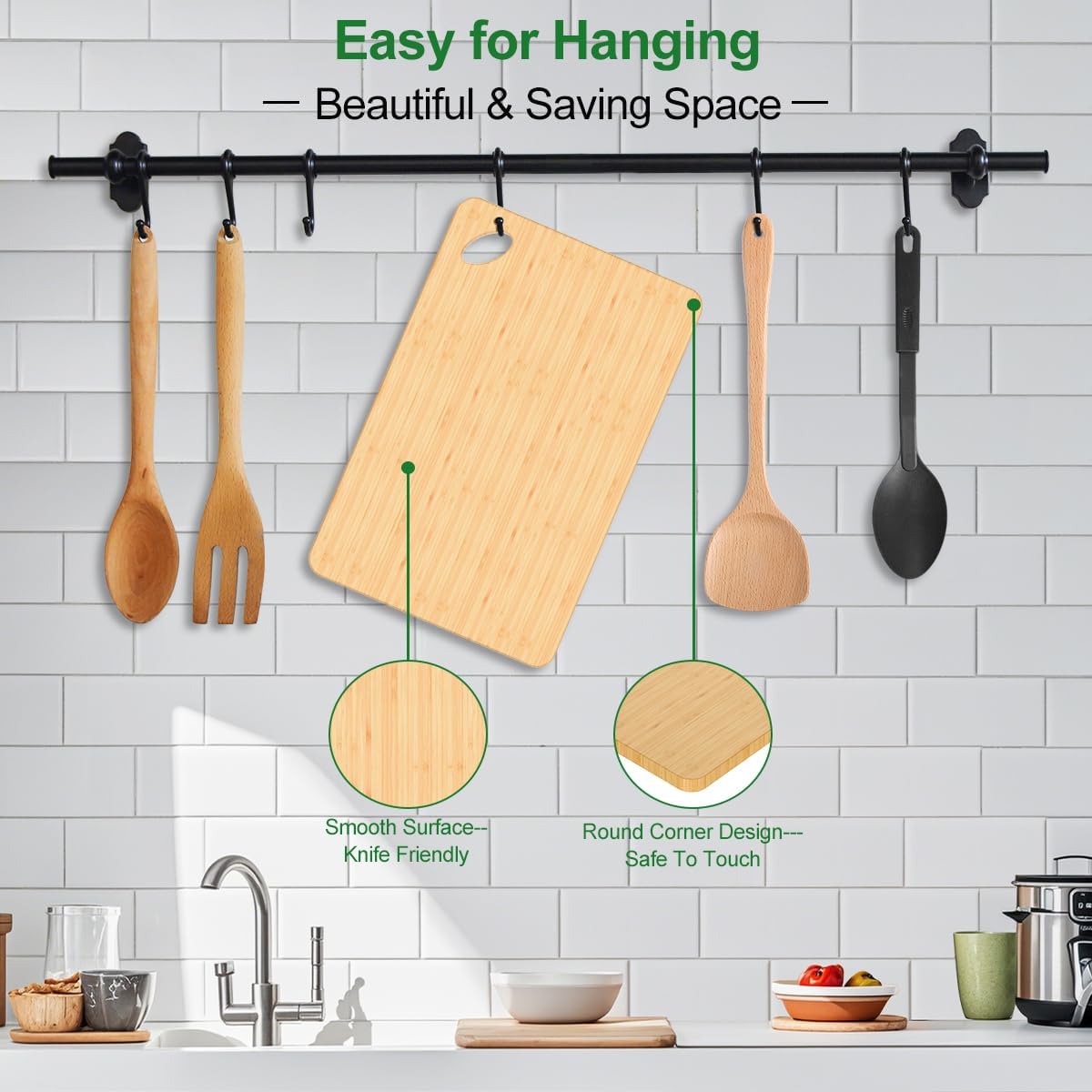 Wooden Cutting Boards for Kitchen, 15.3 * 8.7'' Knife Friendly Bamboo Cutting Board Lightweight & Durable Chopping Board with Hang Hole for Easy Storage & Clean, Large