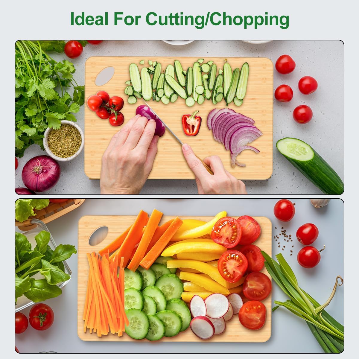 Wooden Cutting Boards for Kitchen, 15.3 * 8.7'' Knife Friendly Bamboo Cutting Board Lightweight & Durable Chopping Board with Hang Hole for Easy Storage & Clean, Large