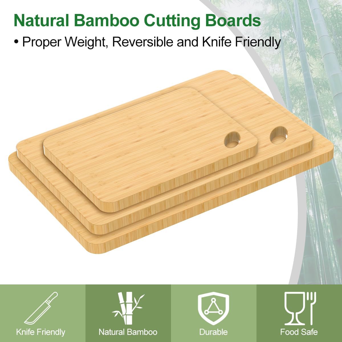 Wooden Cutting Boards for Kitchen, 15.3 * 8.7'' Knife Friendly Bamboo Cutting Board Lightweight & Durable Chopping Board with Hang Hole for Easy Storage & Clean, Large