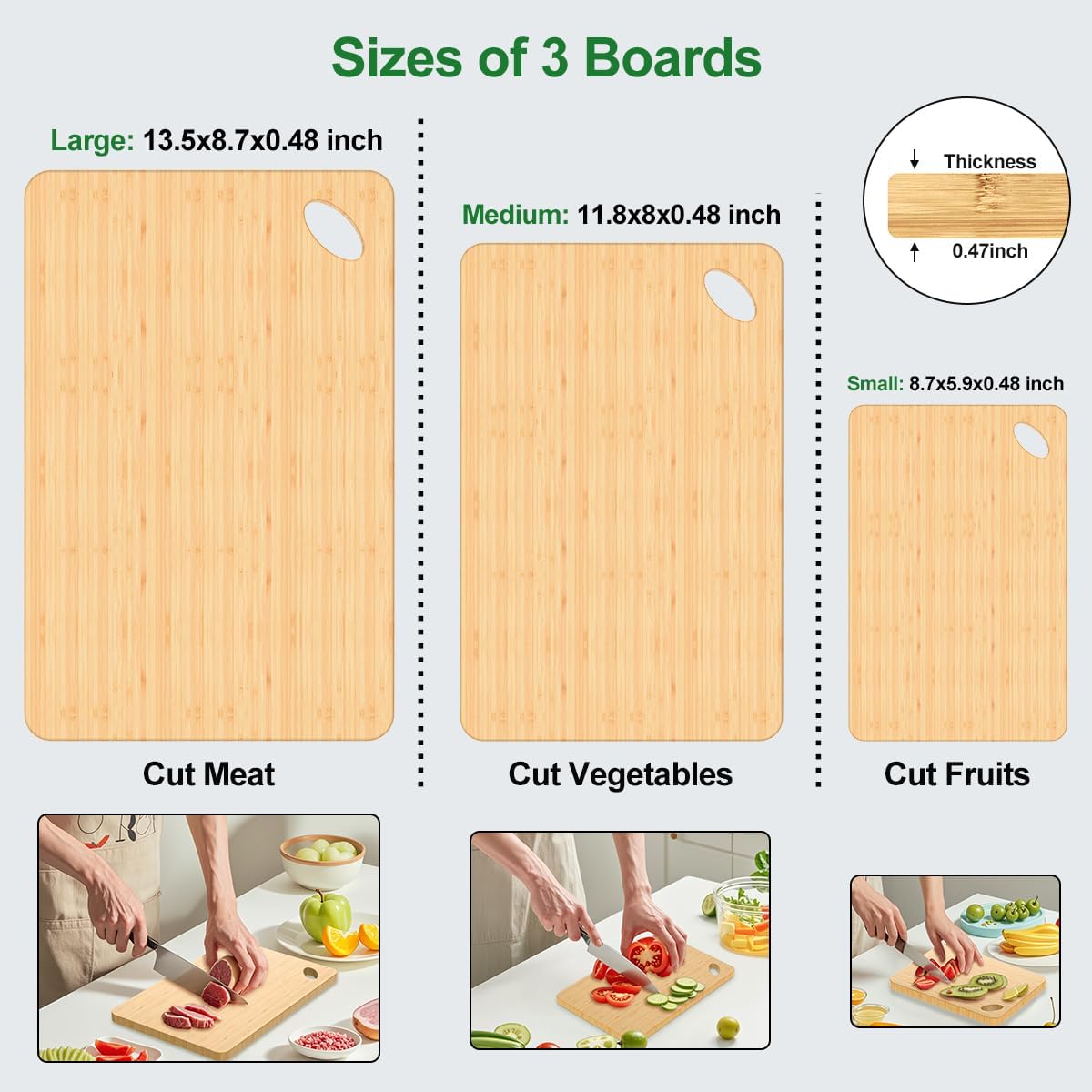 Wooden Cutting Boards for Kitchen, 15.3 * 8.7'' Knife Friendly Bamboo Cutting Board Lightweight & Durable Chopping Board with Hang Hole for Easy Storage & Clean, Large