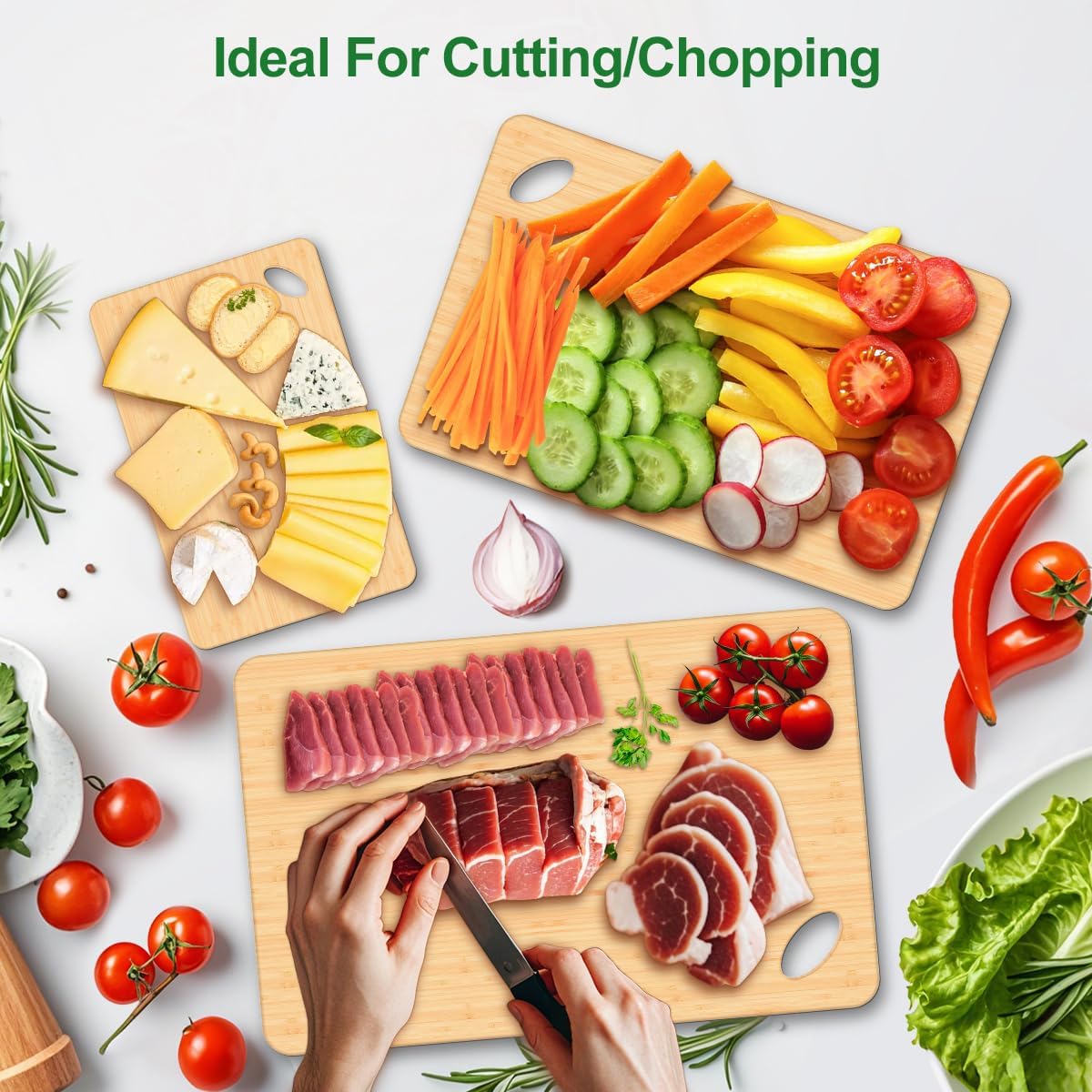 Wooden Cutting Boards for Kitchen, 15.3 * 8.7'' Knife Friendly Bamboo Cutting Board Lightweight & Durable Chopping Board with Hang Hole for Easy Storage & Clean, Large