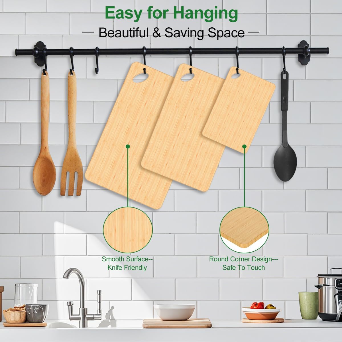 Wooden Cutting Boards for Kitchen, 15.3 * 8.7'' Knife Friendly Bamboo Cutting Board Lightweight & Durable Chopping Board with Hang Hole for Easy Storage & Clean, Large