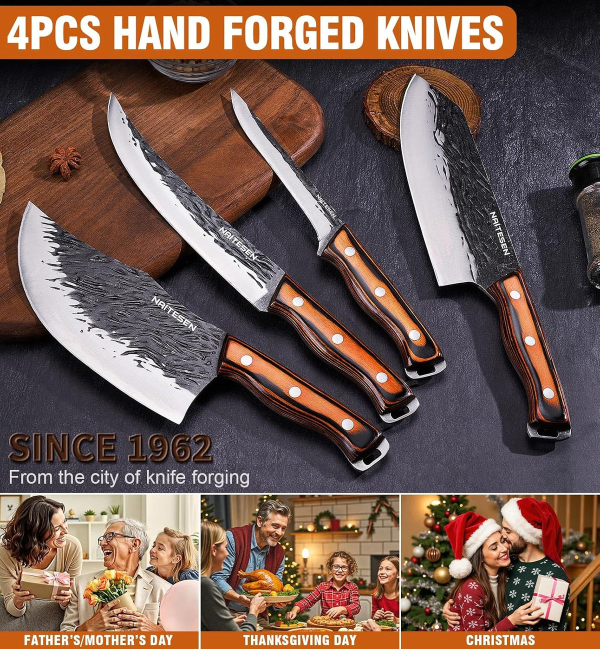 Hand Forged Butcher Knife Set, Kitchen Knives Gift for Men Women