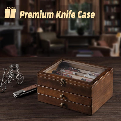 Knife Display Case, Knife Collection Display Holder with Glass Lid, 3-Layer Wooden Pocket Knife Case with Drawers (Walnut)