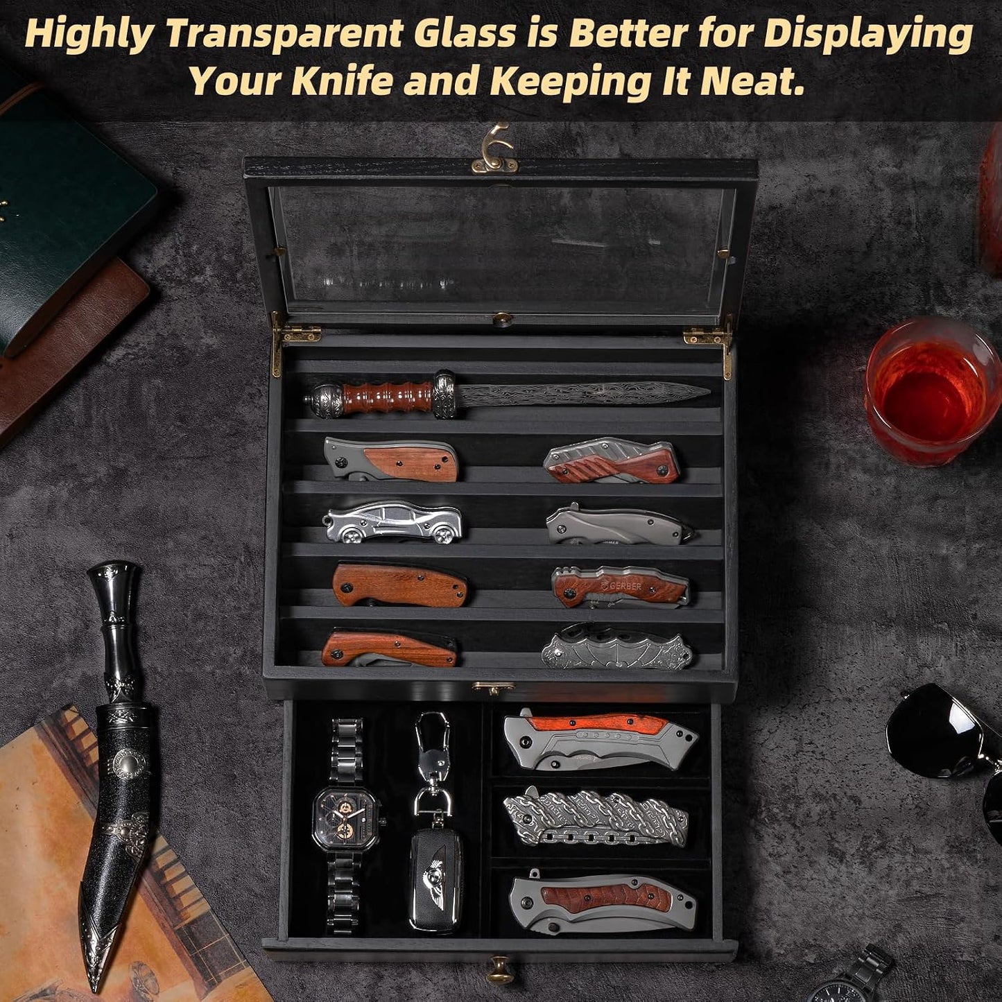 Knife Display Case, Knife Collection Display Holder with Glass Lid, 3-Layer Wooden Pocket Knife Case with Drawers (Walnut)
