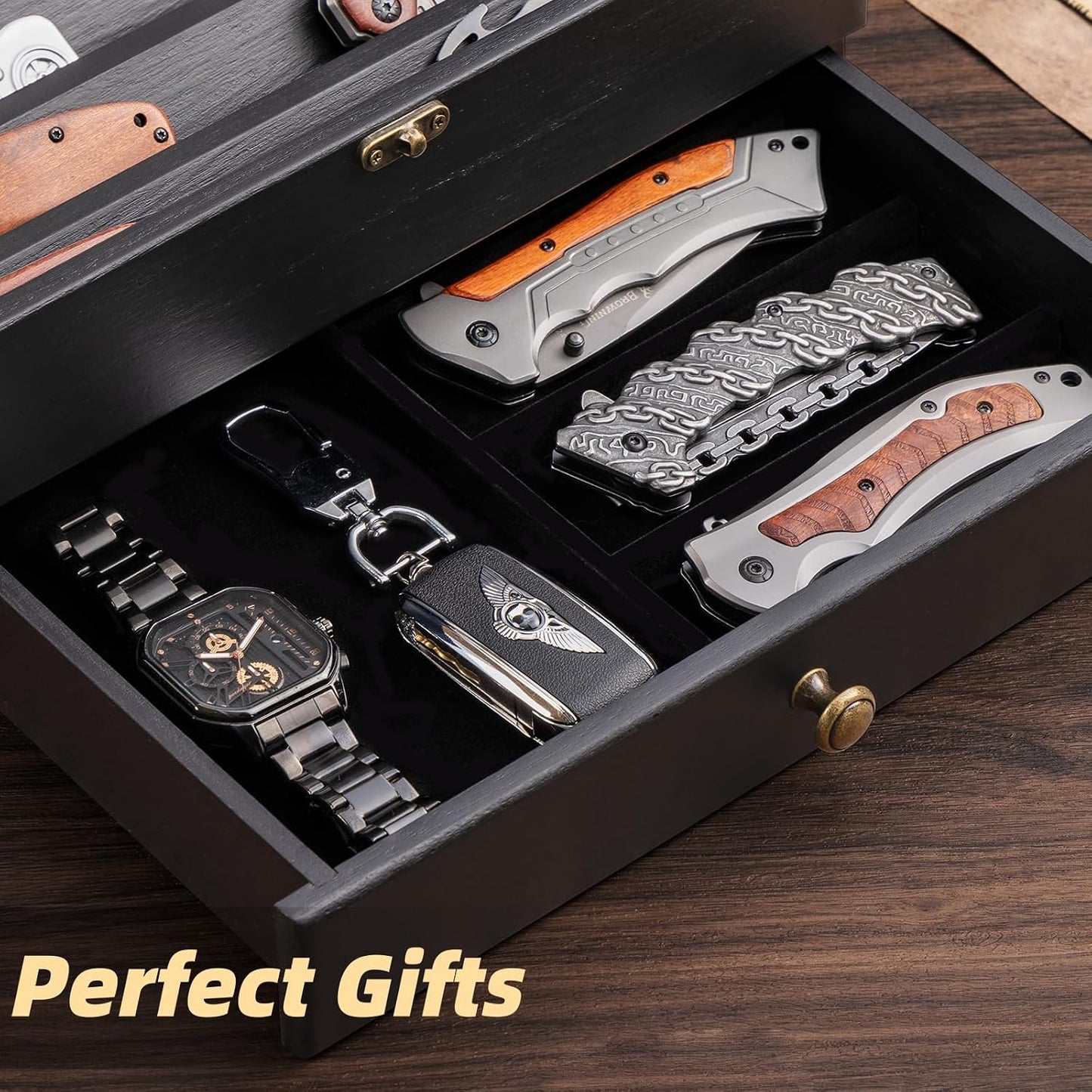 Knife Display Case, Knife Collection Display Holder with Glass Lid, 3-Layer Wooden Pocket Knife Case with Drawers (Walnut)