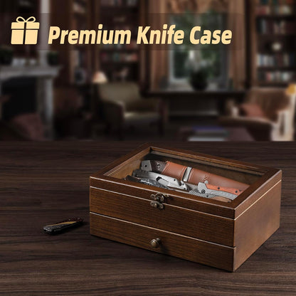 Knife Display Case, Knife Collection Display Holder with Glass Lid, 3-Layer Wooden Pocket Knife Case with Drawers (Walnut)