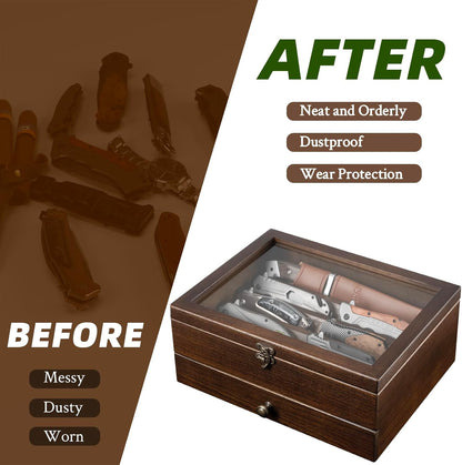 Knife Display Case, Knife Collection Display Holder with Glass Lid, 3-Layer Wooden Pocket Knife Case with Drawers (Walnut)
