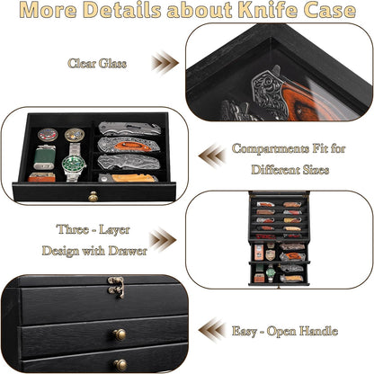 Knife Display Case, Knife Collection Display Holder with Glass Lid, 3-Layer Wooden Pocket Knife Case with Drawers (Walnut)