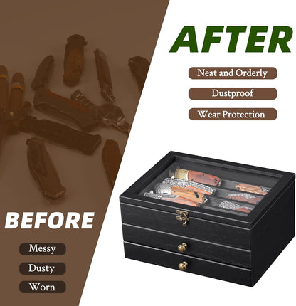 Knife Display Case, Knife Collection Display Holder with Glass Lid, 3-Layer Wooden Pocket Knife Case with Drawers (Walnut)