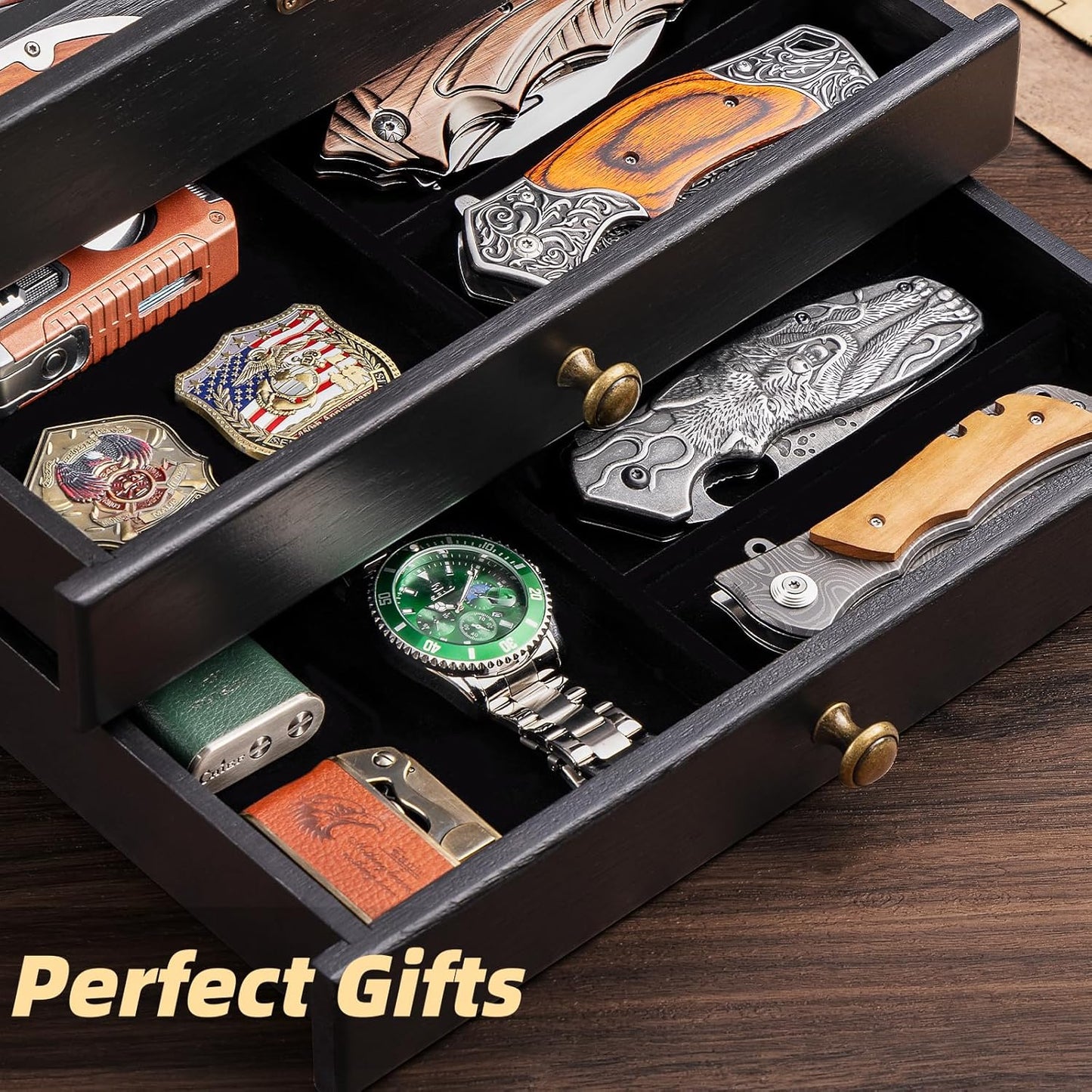 Knife Display Case, Knife Collection Display Holder with Glass Lid, 3-Layer Wooden Pocket Knife Case with Drawers (Walnut)
