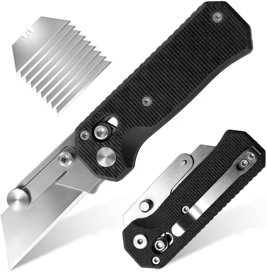 Folding Utility Knife, Pocket Knife, Box cutter Knife with Pocket & Rail Lock, Durable Razor Knife for Home Office Warehouse Everyday Carry, Gift for Men Women（Black）