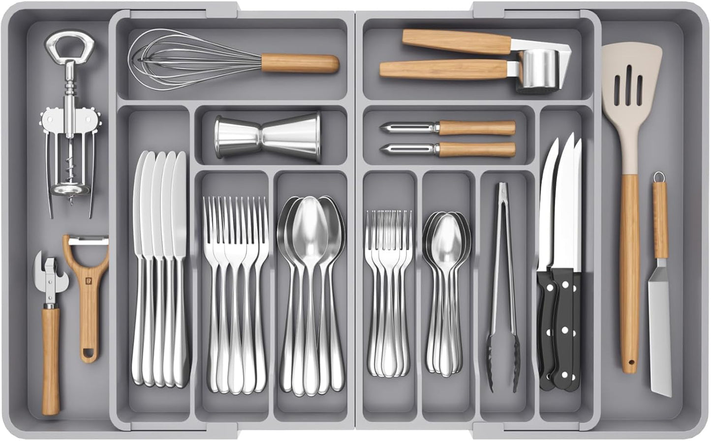 Silverware Drawer Organizer, Expandable BPA Free Plastic Utensil Tray for Kitchen, Adjustable Flatware Cutlery Holder for Spoons Forks Knives, 21.3- 36 x 16.9", Gray
