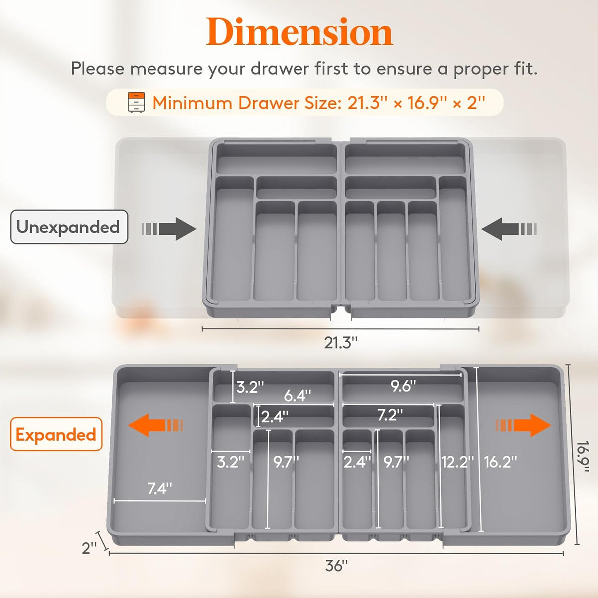 Silverware Drawer Organizer, Expandable BPA Free Plastic Utensil Tray for Kitchen, Adjustable Flatware Cutlery Holder for Spoons Forks Knives, 21.3- 36 x 16.9", Gray