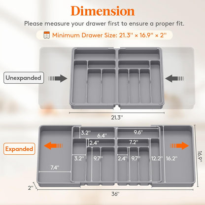 Silverware Drawer Organizer, Expandable BPA Free Plastic Utensil Tray for Kitchen, Adjustable Flatware Cutlery Holder for Spoons Forks Knives, 21.3- 36 x 16.9", Gray