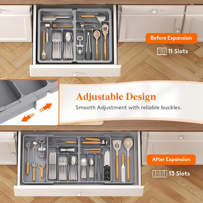 Silverware Drawer Organizer, Expandable BPA Free Plastic Utensil Tray for Kitchen, Adjustable Flatware Cutlery Holder for Spoons Forks Knives, 21.3- 36 x 16.9", Gray