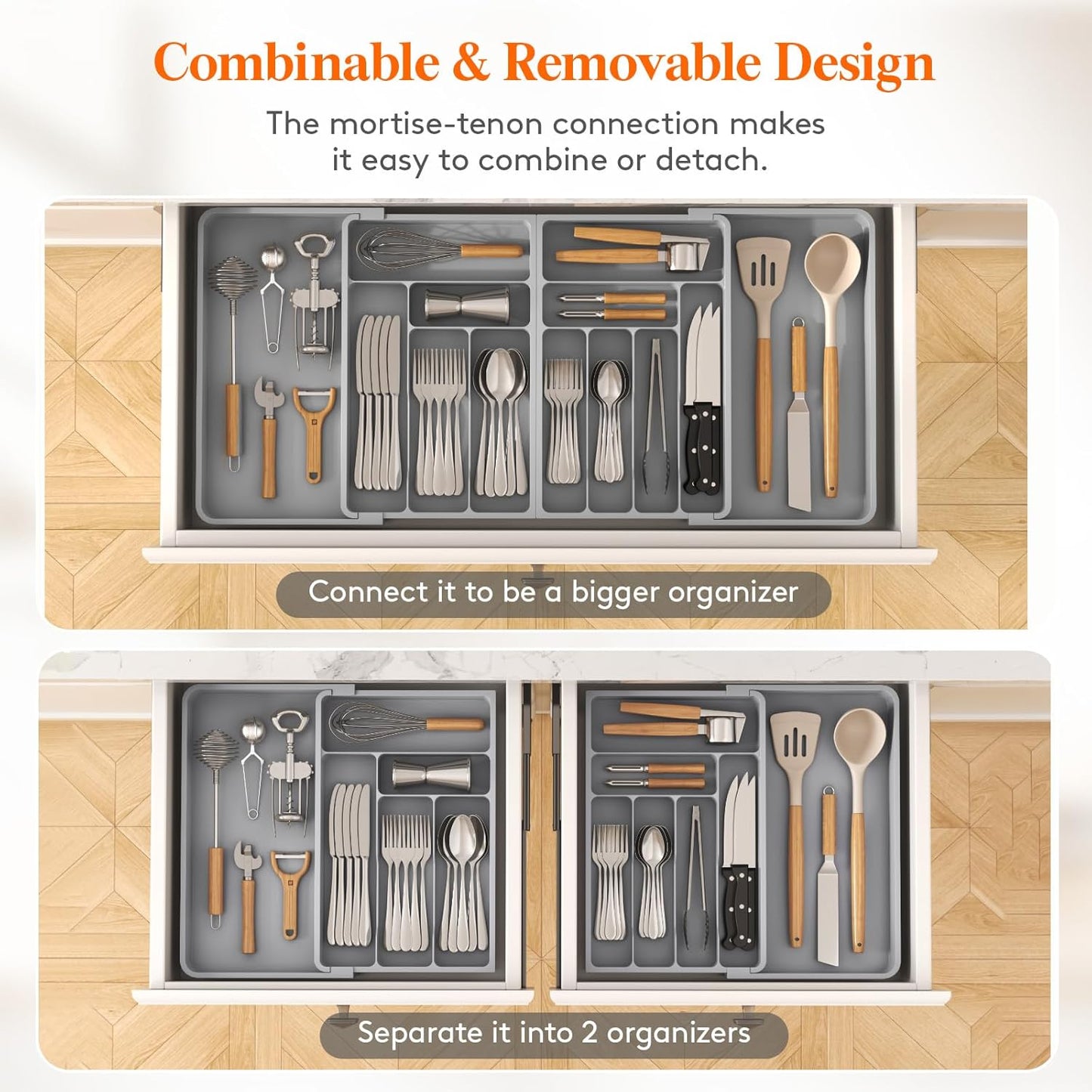 Silverware Drawer Organizer, Expandable BPA Free Plastic Utensil Tray for Kitchen, Adjustable Flatware Cutlery Holder for Spoons Forks Knives, 21.3- 36 x 16.9", Gray