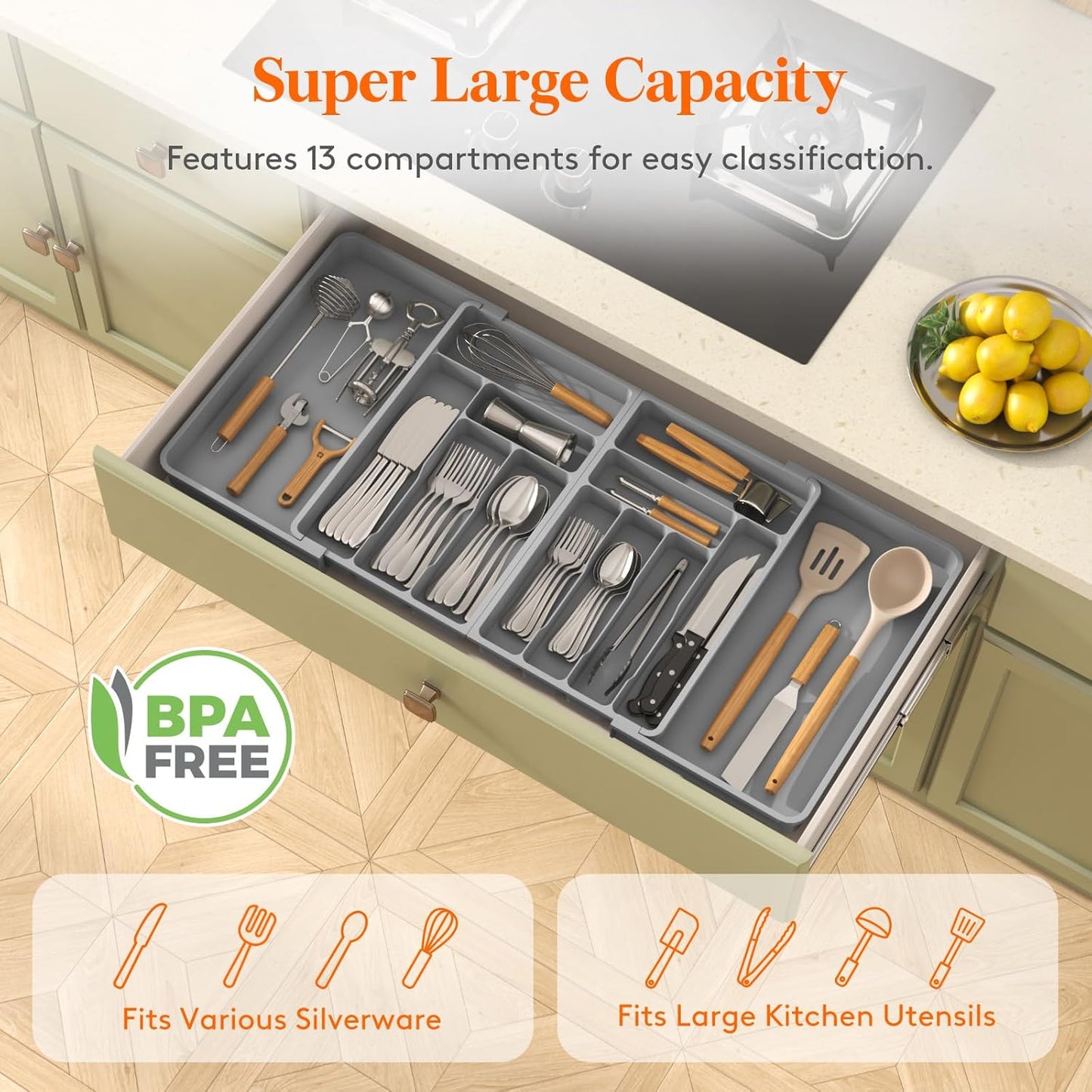 Silverware Drawer Organizer, Expandable BPA Free Plastic Utensil Tray for Kitchen, Adjustable Flatware Cutlery Holder for Spoons Forks Knives, 21.3- 36 x 16.9", Gray