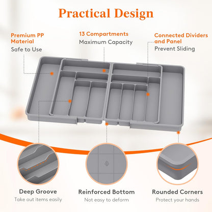 Silverware Drawer Organizer, Expandable BPA Free Plastic Utensil Tray for Kitchen, Adjustable Flatware Cutlery Holder for Spoons Forks Knives, 21.3- 36 x 16.9", Gray