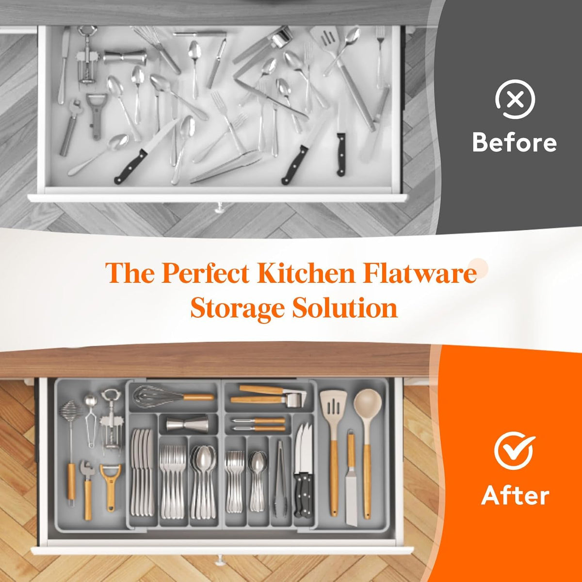 Silverware Drawer Organizer, Expandable BPA Free Plastic Utensil Tray for Kitchen, Adjustable Flatware Cutlery Holder for Spoons Forks Knives, 21.3- 36 x 16.9", Gray