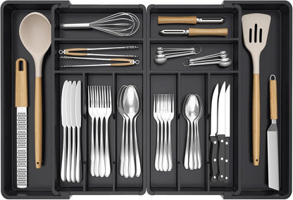 Silverware Drawer Organizer, Expandable BPA Free Plastic Utensil Tray for Kitchen, Adjustable Flatware Cutlery Holder for Spoons Forks Knives, 21.3- 36 x 16.9", Gray