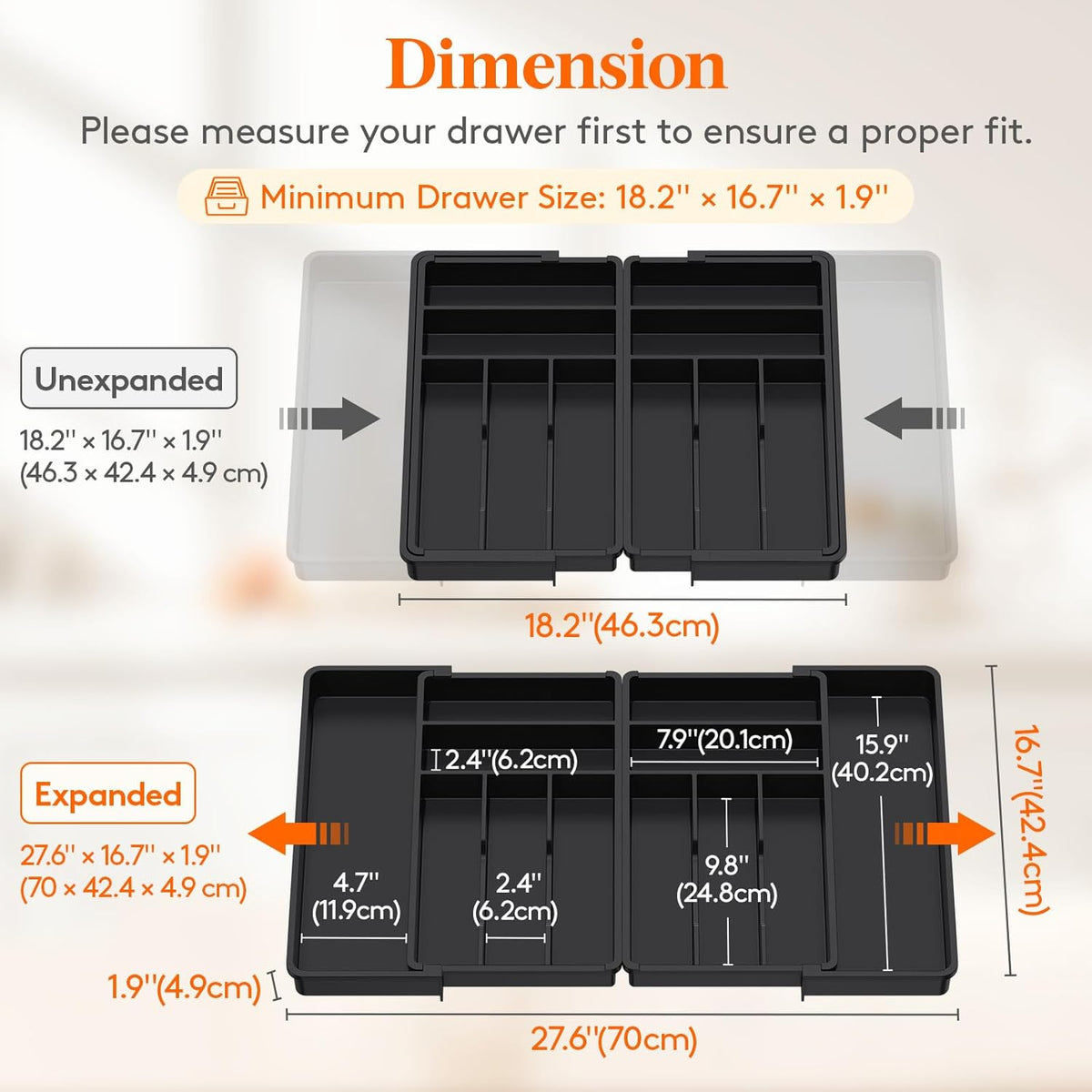 Silverware Drawer Organizer, Expandable BPA Free Plastic Utensil Tray for Kitchen, Adjustable Flatware Cutlery Holder for Spoons Forks Knives, 21.3- 36 x 16.9", Gray
