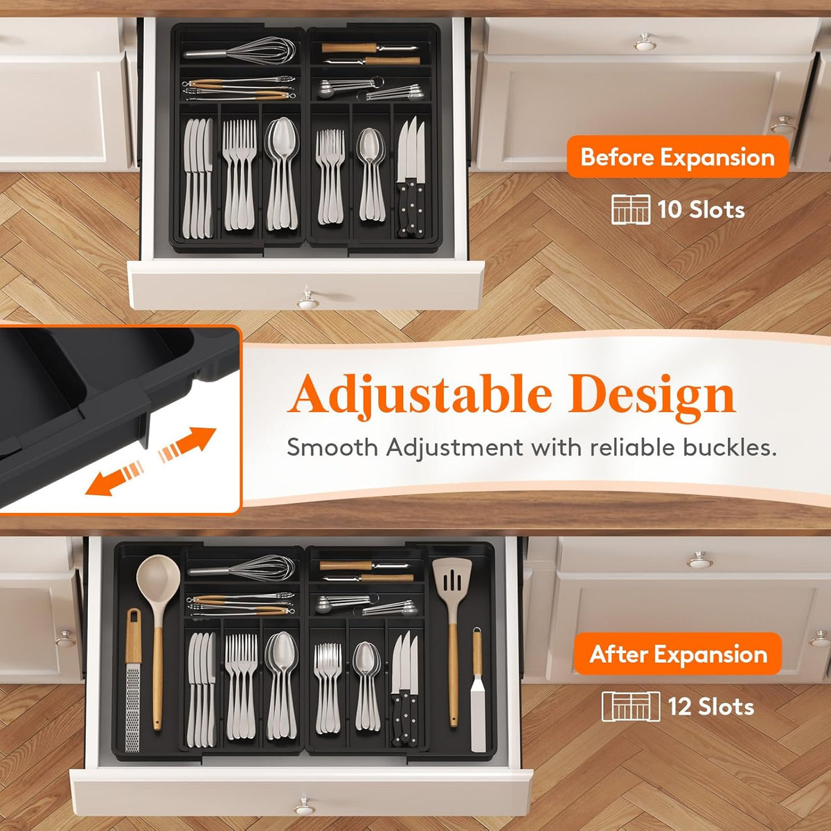 Silverware Drawer Organizer, Expandable BPA Free Plastic Utensil Tray for Kitchen, Adjustable Flatware Cutlery Holder for Spoons Forks Knives, 21.3- 36 x 16.9", Gray