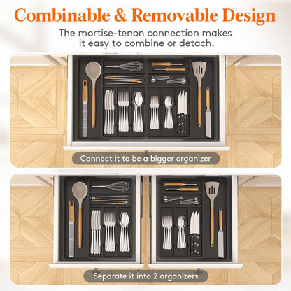Silverware Drawer Organizer, Expandable BPA Free Plastic Utensil Tray for Kitchen, Adjustable Flatware Cutlery Holder for Spoons Forks Knives, 21.3- 36 x 16.9", Gray