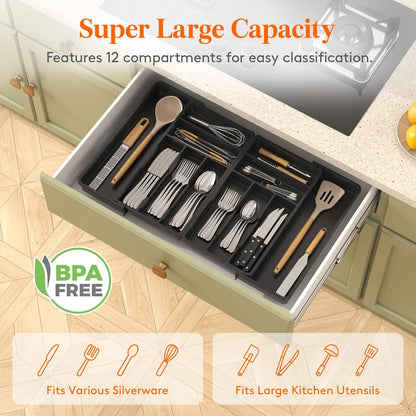 Silverware Drawer Organizer, Expandable BPA Free Plastic Utensil Tray for Kitchen, Adjustable Flatware Cutlery Holder for Spoons Forks Knives, 21.3- 36 x 16.9", Gray