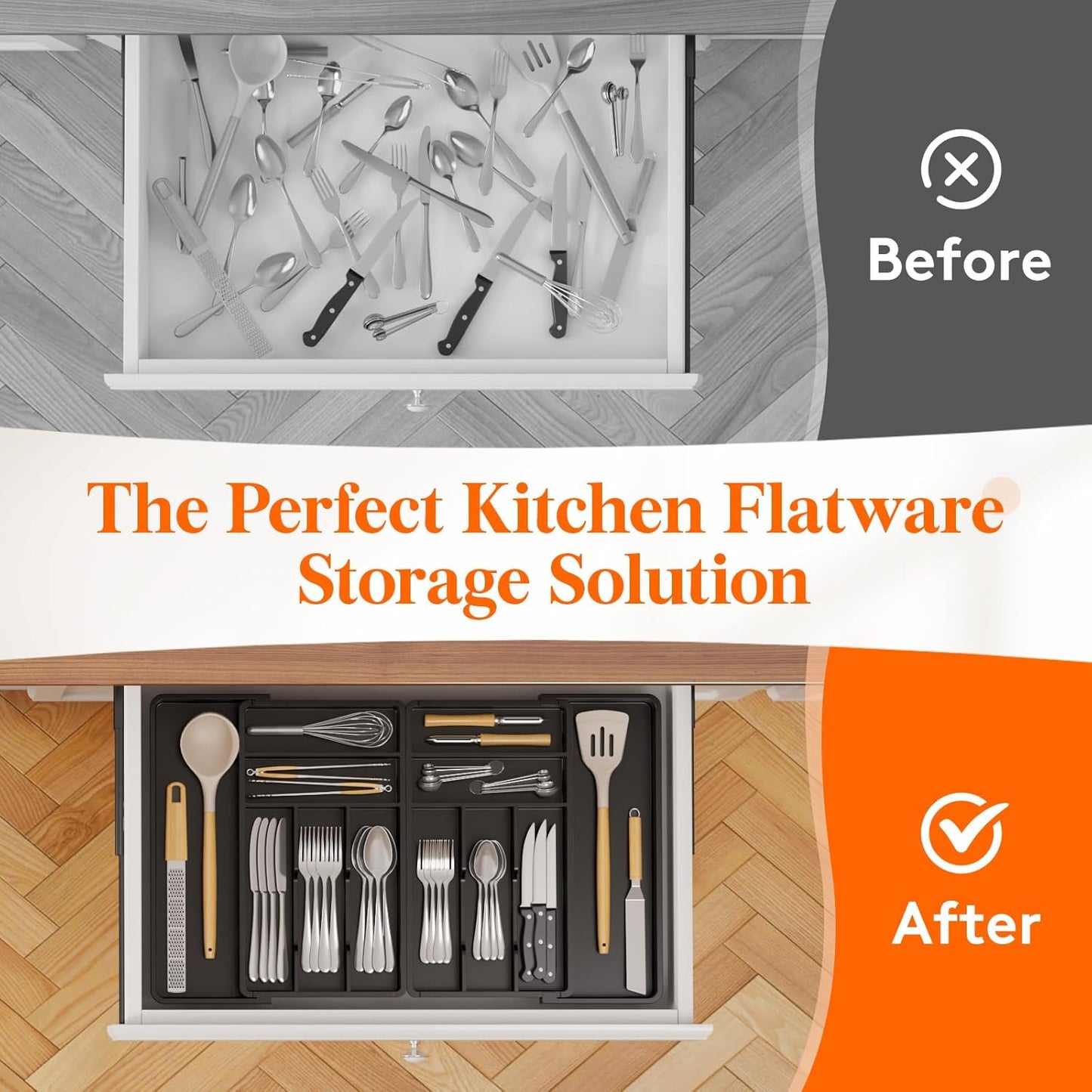 Silverware Drawer Organizer, Expandable BPA Free Plastic Utensil Tray for Kitchen, Adjustable Flatware Cutlery Holder for Spoons Forks Knives, 21.3- 36 x 16.9", Gray