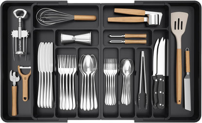 Silverware Drawer Organizer, Expandable BPA Free Plastic Utensil Tray for Kitchen, Adjustable Flatware Cutlery Holder for Spoons Forks Knives, 21.3- 36 x 16.9", Gray