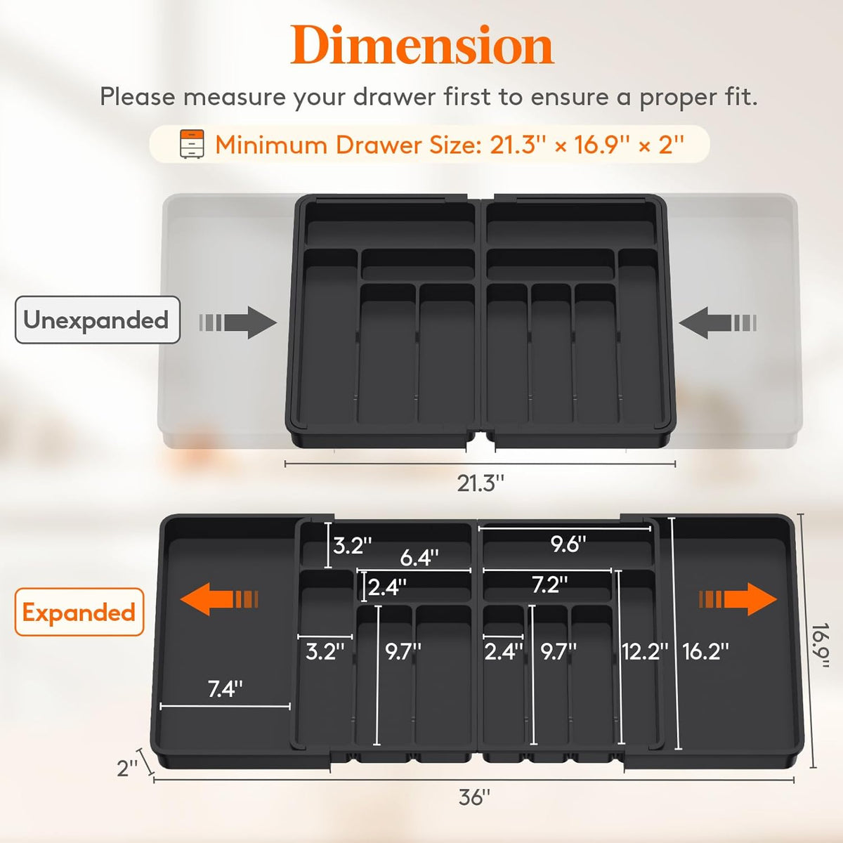 Silverware Drawer Organizer, Expandable BPA Free Plastic Utensil Tray for Kitchen, Adjustable Flatware Cutlery Holder for Spoons Forks Knives, 21.3- 36 x 16.9", Gray